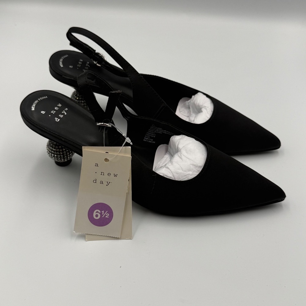 A New Day Womens Black Rhinestone Sphere Kitten Heel Slingback Shoes 6.5 NEW